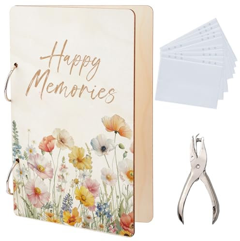 SUPERDANT Album Carte Postale de Vœux Happy Memories Presentoir Carte Postale à Fleurs Aquarelles Classeur de Cartes en Bois Rangement Photo à 2 anneau avec Perforatrice et 20 poches