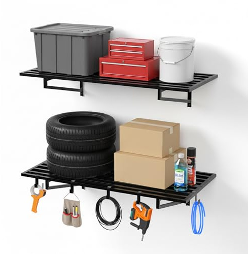 2-Pack Heavy Duty Garage Wall Shelves, 2' x 4' Powder-Coated Alloy Steel Storage Rack with 6 Utility Hooks, 500 lbs Total Capacity, Rust-Resistant Floating Shelving for Bins, Tools & Camping Gear