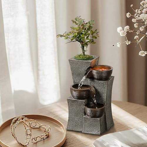 Tabletop Water Fountain Cascading with Planter 3-Tier Indoor Zen Fountain Desk Water Decorative Home Decor Office Decoration