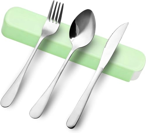 ZUPAPJO 4 en 1 Cubiertos para Llevar con Estuche, Cubiertos Camping Acero Inoxidable, con Cuchara, Cuchillo, Tenedor, Lavables a Máquina, Adecuada para Fiambreras, Viajes, Camping y Uso Diario, Verde