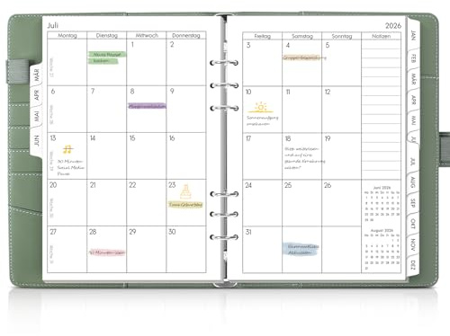 SKYDUE Kalender Ringbuch A5, Ringbuch A5 Nachfüllbar Von März 2026 bis Juni 2027, Terminplaner 2026 Perfekt Für Schüler Und Berufstätige(Olivgrün)