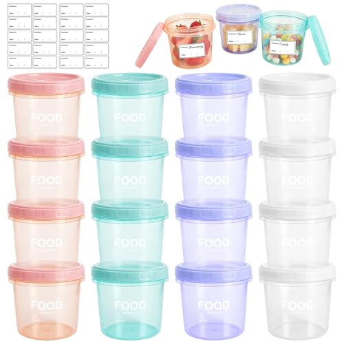 Solivive 16 Pack 300ml small plastic food containers with lids, Reusable plastic freezer containers with lids, Microwave and Dishwasher Safe, with 20 Removable Labels, for Yogurt, Fruit, Soup, Salad