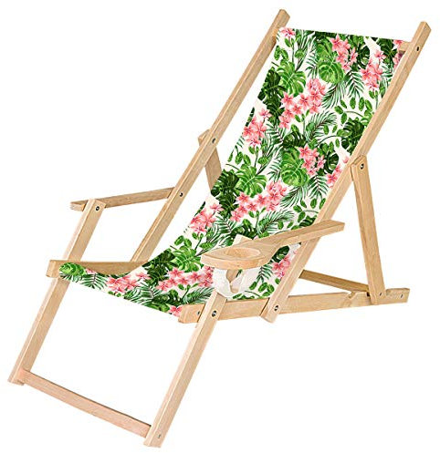 Ferocity Holz-Liegestuhl Klappbar Klappliegestuhl mit Armlehne und Getränkehalter Strandstuhl Motiv Palm Hell [119]