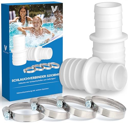 2x Schlauchverbinder mit 4x Schlauchschellen für den Pool - Schlauchtülle im 2er Pack (32mm x 38mm, Weiß)