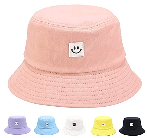 Kids Sun Hat Smile Face Bucket Hat for Girls Boys Summer Sun Protection Cotton Unisex Beach Cap(Pink)