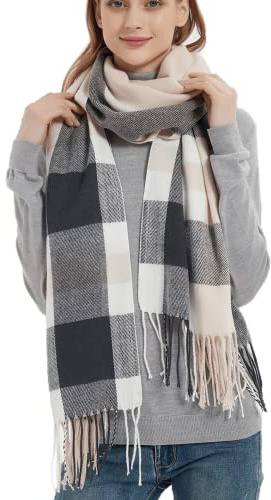 Wander Agio Womens Fashion Long Shawl Big Scarves Grid Winter Warm Large Plaid Scarf Grey Pink 8