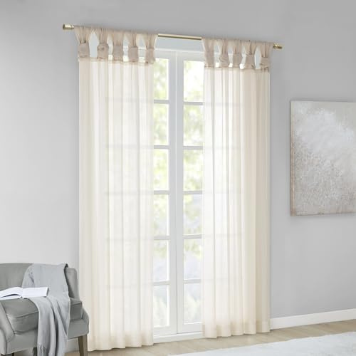 Madison Park Ceres DIY Twisted Tab Sheer Curtain, Pair Panels, Lightweight Window Treatment, Voile Privacy, Light Filtering Drape for Bedroom and Apartment, 50 in x 84 in, Ivory 2 Piece
