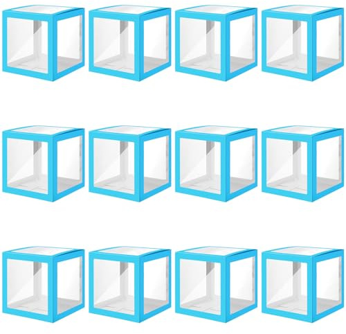 Thyle 12 Pcs Transparent Balloon Boxes Clear Balloon Boxes with 99 Letters for Baby Shower Gender Reveal Grad Birthday Party Bridal Wedding Anniversary Backdrop Decoration (Blue)