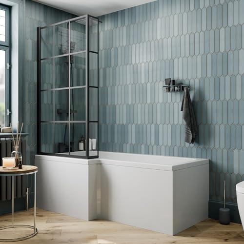 BAYSTONE 1600mm x 855mm Left Hand L Shaped Shower Bath Bathroom Bathtub Black Grid Glass Shower Screen Front & End Panels Acrylic White