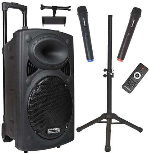DYNASONIC Dynapro Altavoz Autoamplificado Potente 15/1000W, Altavoz Bluetooth Portátil 2 Micrófonos, Sistema PA, TWS, USB/SD y Batería Larga Duración. Ideal para Exterior