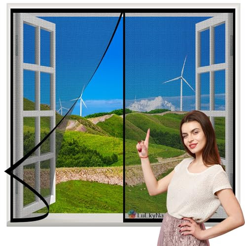 Moustiquaire pour Fenetre 120x125cm Noir Fermeture Automatique Rideau Mailles Ultra Fines Anti insectes Mouche, sans Percer pour Porte d Entrée Intérieur/Patio