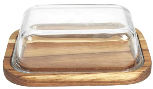 HOME DECO FACTORY - KA0096 Beurrier Verre et Acacia, Design Élégant et Pratique, Service de Table, Résistant à l'Humidité, 19x14 cm, Transparent et Marron