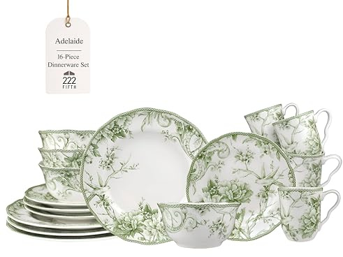 222 Fifth Adelaide Moss 16-Piece Porcelain Dinnerware Set – Service for 4, Big Dinner Plates and Bowls Sets with Mugs, Hand-Applied Decal, Microwave & Dishwasher Safe, for Everyday Entertainment
