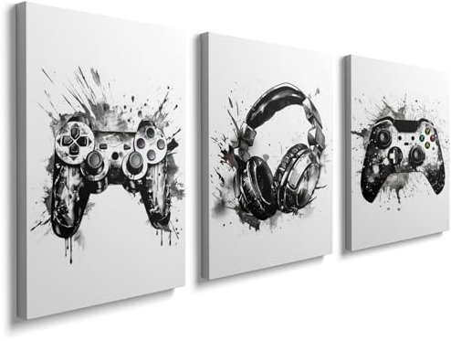 Black and White Wall Art Pictures - Hall for Walls Bedroom Set of 3 Framed Gaming Print 1105