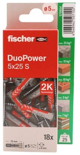 fischer - Duopower 5x25 Con Tornillo - 18U, Tacos para pared multimaterial, sirven para Colgar Bicicletas, Cuadros, Armarios, Soportes de Televisión, Estanterías, Muebles.