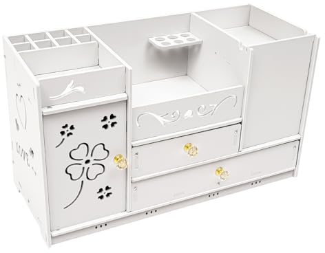 POTYYH Organisateur de maquillage, organiseur cosmétique avec 2 tiroirs, boîte à cosmétiques avec miroir, rangement de maquillage pour chambre à coucher, salle de bain, coiffeuse