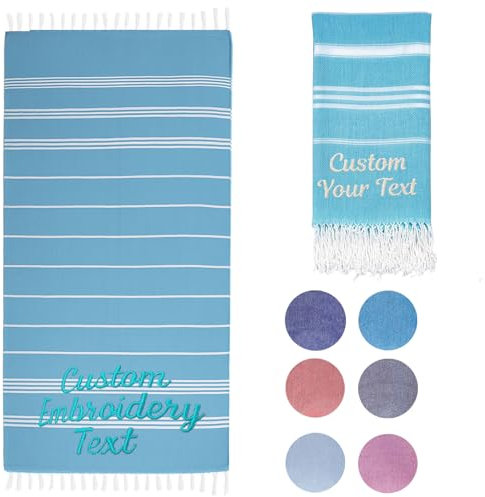 CHARMMYFASHION Hamamtuch Strandtuch Personalisiert mit Stickerei, 95x180cm, 100% Baumwolle,Personalisiertes Türkisches Strandtuch mit Name Badetuch, für Strand, Sauna, Yoga, Fitness (Blau)