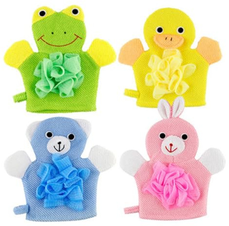 CLISPEED Lot de 4 Moufles Exfoliants Bain Garçon et Filles Dessins Animés, Taille Garçon et Filles, Exfoliation Douce, Éponge de Bain pour Bébé, Usage Quotidien la Maison