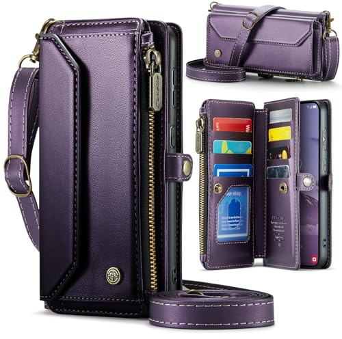 FONREST Läderväska väska fodral för Samsung-Galaxy-S25-FE, magnetisk flipklaff plånboksfodral med ställ 10 RFID-blockerande korthållare kontantplats dragkedja ficka crossbody snodd handledsrem (lila)