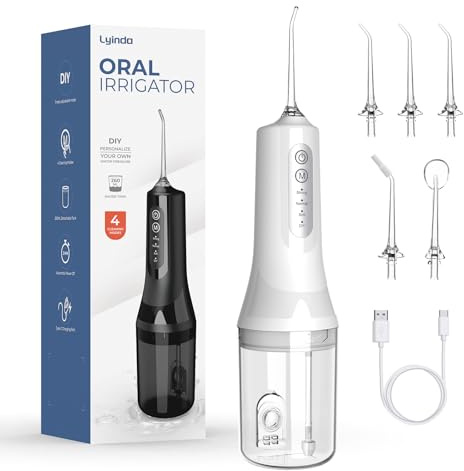 Lyinda Water Dental Flosser for Teeth Cordless, 2026 Upgraded Portable Oral Irrigator 260ML 5 Jet Tips and 4 Modes Rechargeable Tooth Flosser, lPX7 Waterproof Irrigation, Transparent