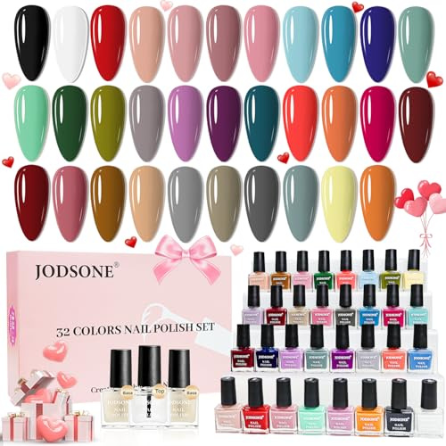 JODSONE Set di 32 smalti per unghie colorati con base e top coat, set di smalti per unghie ad asciugatura rapida rosso, rosa, viola e verde per donne, nail art fai da te da salone