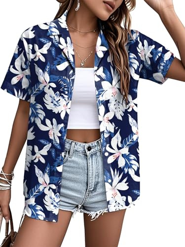 VVNTY Hawaii-skjorta damer blommig button down blus skjorta kvinnor sommar strand fest kortärmad Hawaii-skjorta