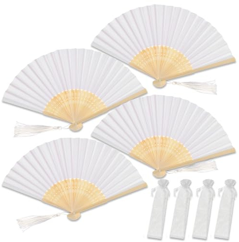 BPTZYLN 4 PCS White Hand Fan Folding with 4 Tassel Hanging Rope and 4 Storage Bag Set, Paper Fans Handheld Folding Fans, Wall Fan Decor, Bride Fanes for Decorations DIY