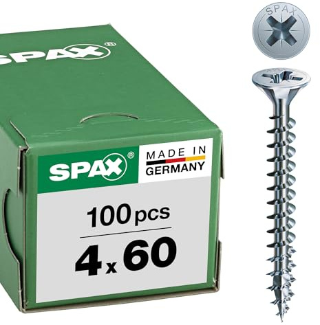 Spax, 1081010400603, Vite universale 4,0 x 60 mm, 100 pezzi, testa svasata, Croce recesso Z, 4Tagliare, filo pieno, zincato vuoto A2J