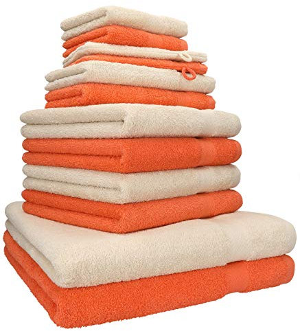Betz 12-TLG. Handtuch Set Premium 100% Baumwolle 2 Duschtücher 4 Handtücher 2 Gästetücher 2 Seiftücher 2 Waschhandschuhe Farbe blutorange/Sand