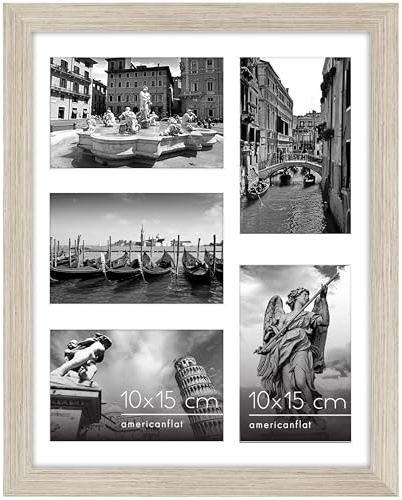 Americanflat Collage Marco de Fotos 28x36 cm - Marco con Paspartú per Cinco 10x15 cm Fotos o Marco de 28x36 cm Sin Paspartú - MDFa la Deriva con Vidrio Resistente y Accesorias de Colgada en la Pared