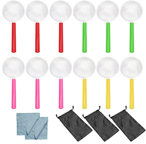 BEIIEB Loupe 12pcs pour Enfants, Mini loupe colorée, Outils pour Les Enfants explorant, Observant Les Insectes et Les Plantes, avec Sac de Rangement pour Lunettes 3pcs et Chiffon pour Lunettes 3pcs.