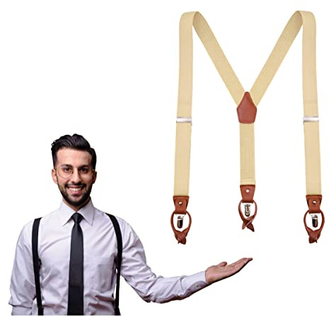 UPSONG Vintage Suspenders for Men, Brown Button Braces Loop Wedding Suspender for Groom Groomsmen Elastic Adjustable Clip Suspenders，Beige