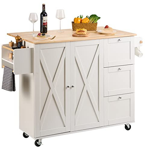 VEVOR Küchenwagen 1430 x 680 x 990 mm, Mobile Wagen mit Aufbewahrungsschrank, rollender Küchentisch mit Gewürzregal, Handtuchhalter und Schublade, Servierwagen aus Holz, Kücheninselwagen, Weiß