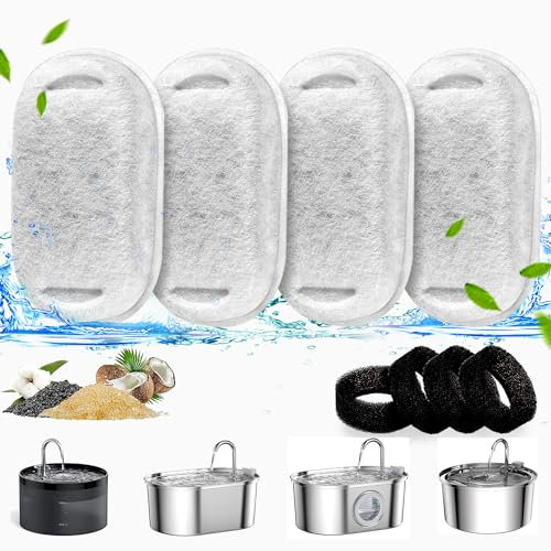PewinGo Filtros Fuente Gatos,Filtro de Repuesto para Bebedero para Gatos para 4L/3,2L/1,8L/2L Fuentes de Acero Inoxidable,4 Piezas Filtros de Triple Filtración & 4 Piezas Esponjas de Espuma