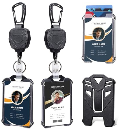 Badge Holder Retractable Clip Heavy Duty Carabiner Badge Reel Keychain with Lanyard ID Cards Holder Cool Tactical ID Holder