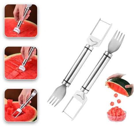 Cortador de sandia, Cortador de Sandia de Acero Inoxidable, Cortador con tenedor 2 en 1, Set 2 uds, Cortador de fruta, Rebanador de sandia, Herramienta de corte de sandia, Tenedor de Corte de Fruta