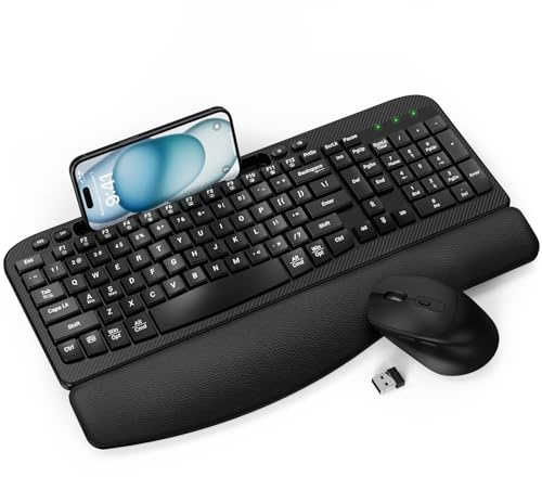 Wireless Keyboard and Mouse Combo, Wave Keys Full-Sized Ergonomic Keyboard with Cushioned Plam Rest, Phone Holder, Comfortable Natural Typing, 2.4G Cordless Set for Computer, Laptop, PC, Mac, Windows