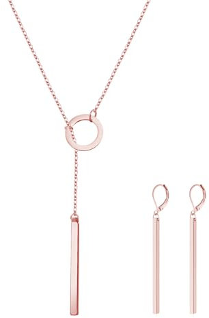 ZENGSING Anhänger Halskette Damen Baumeln Ohrringe Schmuck Set Kette Y Halskette vertikale Bar Anhänger Lariat Halskette Damen Anhänger Hoop Ohrringe für Frauen Mädchen Geschenke (Roségold)