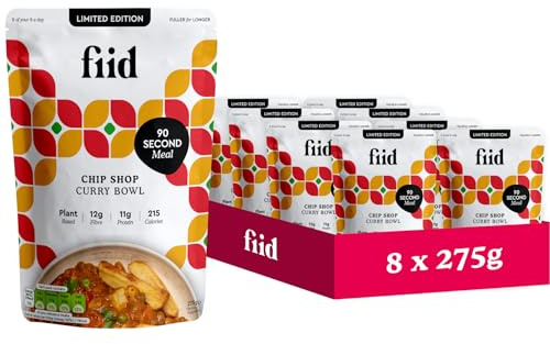 Fiid 100% Natural Vegan Microwave Ready Meals - Chip Shop Curry Flavour - 8 x 275g (Vegetarian Food Pouch, High in Fibre & Protein, Low in Sugar, Gluten Free, Fat Free)