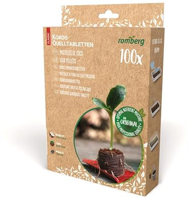 Romberg Kokos-Quelltabletten für Pflanzenanzucht - 100 Stück, Ø 36mm Anzucht-Substrat mit Leichter Start-Düngung, Perfekt für Kräuter, Blumen & Gemüse