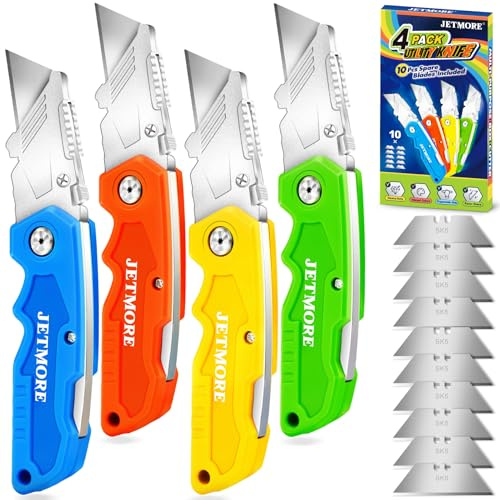 JETMORE Utility Knife, 4 Pack Colorful Box Cutter with 10 SK5 Blades, Navajas Para Trabajo, Folding Utility Knife with Clip, Razor Knife for Cardboard, Carpet, Wallpaper, Box Opener