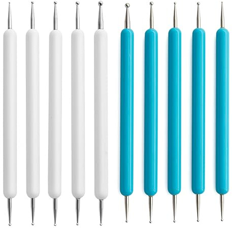 10Pcs Dotting Tools Set - Acrylic & Wood Handle Dotting Pens for Mandala Art, Nail Embossing & Clay Craft (5 White + 5 Blue)