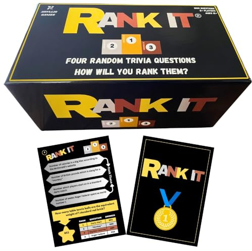 Aryllis RANK IT Quiz Game, 1000+ questions, Rank Answers to Pub Quiz Questions from High to Low, Trivia Game for Adults, Birthday Gift Idea