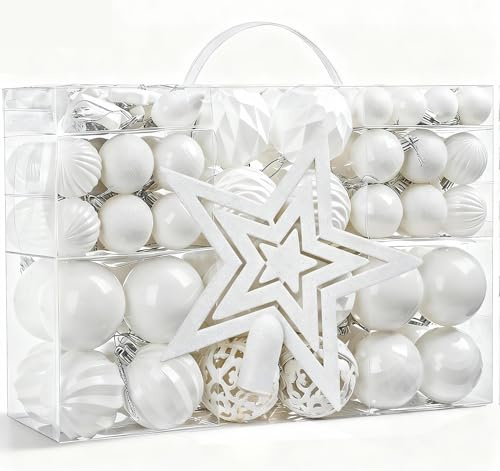 HOUISM 146 Weihnachtskugel-Set in Weiß mit Stern-Baumspitze et 36 Haken, Bruchsicherer Kunststoff-Christbaumschmuck | Robuste & sichere Weihnachtsdeko