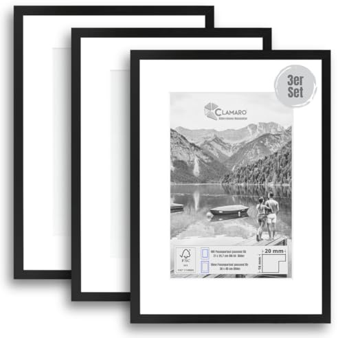 CLAMARO COLLAGE 20 - Set di 3 cornici portafoto 30 x 40 cm, colore nero opaco, con passepartout per immagini DIN A4 (21 x 29,7 cm), 20 mm di larghezza, design sottile, cornice in legno MDF con vetro
