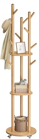 VASAGLE Garderobenständer, Kleiderständer mit 11 Haken und 3 Ablagen, 4 drehbare und abnehmbare Rollen, Haken und Haltestangen aus Massivholz, Eingang Schlafzimmer Wohnzimmer, naturfarben RCR023YK01