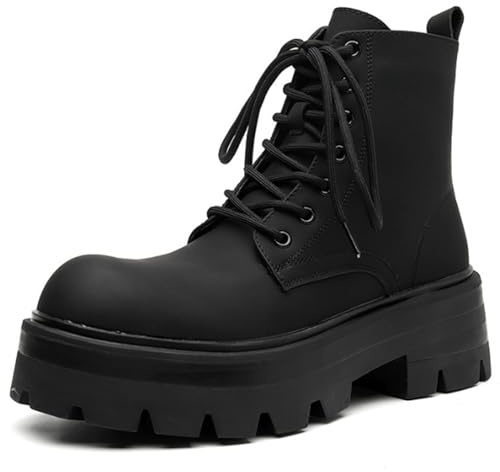 CrazySavage Men's Black Leather Lace-up Platform Combat Boots Wide Toe Side Zipper Chunky Heel Lug Sole Ankle Booties Comfort High Top Waterproof Biker Boots (Black,8)