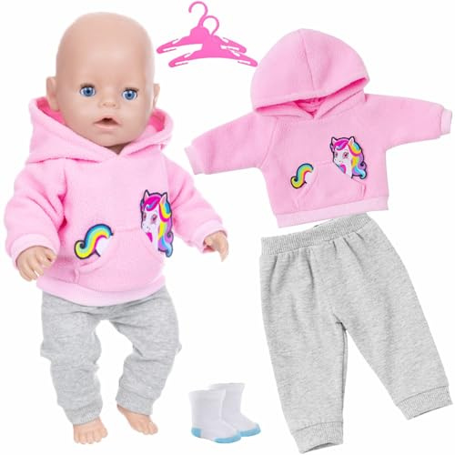 Vestiti per Bambole 35-45cm,Costumi per Bambole,Set di Vestiti per Bambole,Abbigliamento Bambola Reborn Include Felpa Rosa, Pantaloni Grigi, Calzini, Gruccia,Come Regalo Bambini Natale(Rosa)