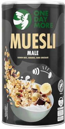OneDayMore Muesli Masculin | 450 g | Graines de tournesol, graines de courge, noix de cajou, banane lyophilisée et chocolat noir | Source de protéines, de zinc et d’énergie