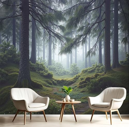 Gris Mural de Papel Tapiz de Seda con Musgo Bosque Brumoso – Fotomural Decorativo Natural para Sala, Dormitorio Infantil o Adulto – Realismo Natural Diseño, 200 x 140 cm